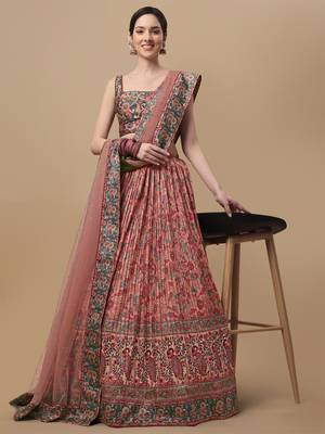 PEACH  COLOR SEMISTITCHED KALAMKARI  PRINT LEHENGA WITH UNSTITCHED BLOUSE AND DUPATTA 1