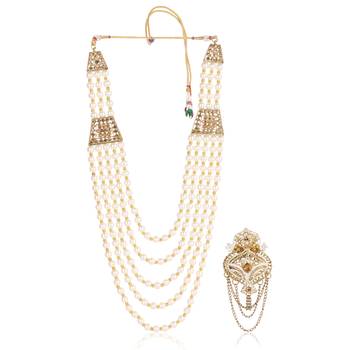   groom sherwani necklace moti mala layered for wedding | groom mala with brooch set 2