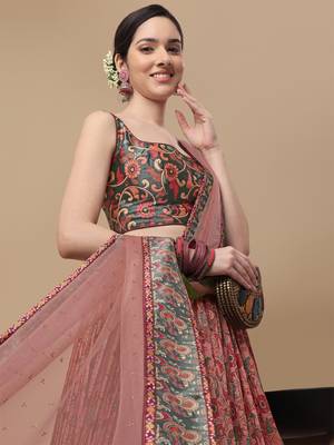 PEACH  COLOR SEMISTITCHED KALAMKARI  PRINT LEHENGA WITH UNSTITCHED BLOUSE AND DUPATTA 4