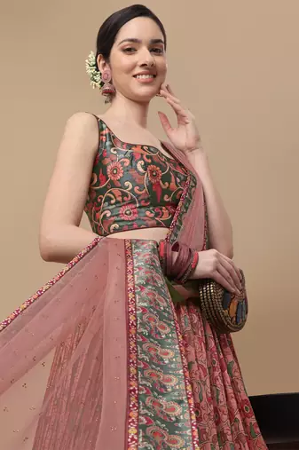 PEACH  COLOR SEMISTITCHED KALAMKARI  PRINT LEHENGA WITH UNSTITCHED BLOUSE AND DUPATTA
