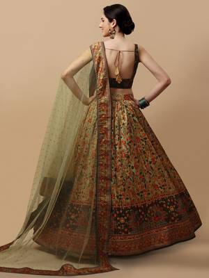 GREEN COLOR SEMISTITCHED KALAMKARI PRINT LEHENGA WITH UNSTITCHED BLOUSE AND DUPATTA 2