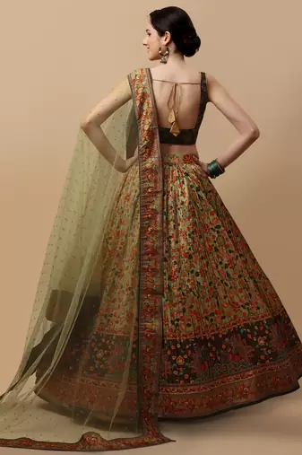 GREEN COLOR SEMISTITCHED KALAMKARI PRINT LEHENGA WITH UNSTITCHED BLOUSE AND DUPATTA
