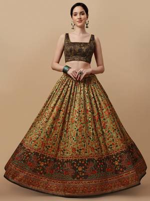 GREEN COLOR SEMISTITCHED KALAMKARI PRINT LEHENGA WITH UNSTITCHED BLOUSE AND DUPATTA 3