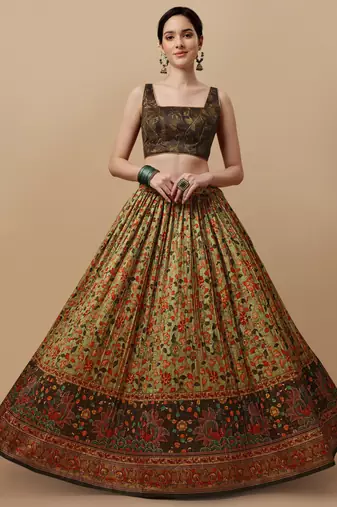 GREEN COLOR SEMISTITCHED KALAMKARI PRINT LEHENGA WITH UNSTITCHED BLOUSE AND DUPATTA