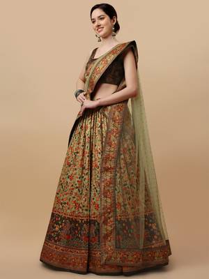 GREEN COLOR SEMISTITCHED KALAMKARI PRINT LEHENGA WITH UNSTITCHED BLOUSE AND DUPATTA 4