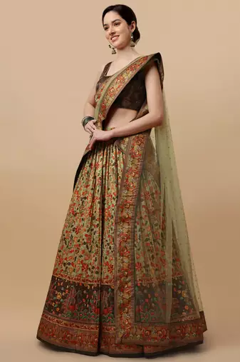 GREEN COLOR SEMISTITCHED KALAMKARI PRINT LEHENGA WITH UNSTITCHED BLOUSE AND DUPATTA