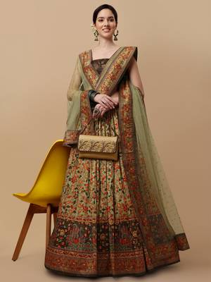 GREEN COLOR SEMISTITCHED KALAMKARI PRINT LEHENGA WITH UNSTITCHED BLOUSE AND DUPATTA 1