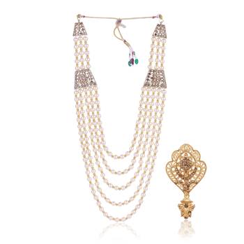   groom sherwani necklace moti mala layered for wedding | groom mala with brooch set 2