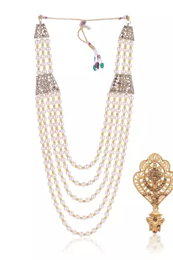   groom sherwani necklace moti mala layered for wedding | groom mala with brooch set