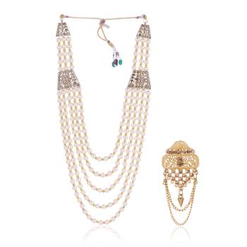   groom sherwani necklace moti mala layered for wedding | groom mala with brooch set 2