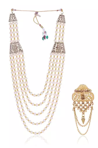  groom sherwani necklace moti mala layered for wedding | groom mala with brooch set