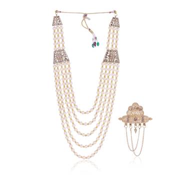   groom sherwani necklace moti mala layered for wedding | groom mala with brooch set 2