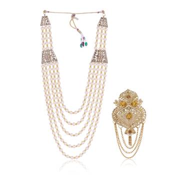   groom sherwani necklace moti mala layered for wedding | groom mala with brooch set 2