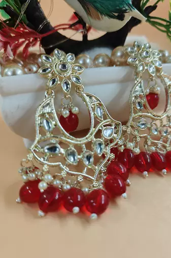   Gold Plated Traditional Kundan Pearl Chandbali Earrings For Wo  And Girls