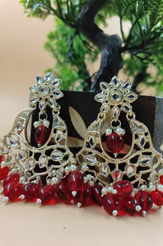   Gold Plated Traditional Kundan Pearl Chandbali Earrings For Wo  And Girls