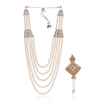   groom sherwani necklace moti mala layered for wedding | groom mala with brooch set 2