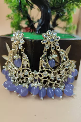   Gold Plated Traditional Kundan Pearl Chandbali Earrings For Wo  And Girls
