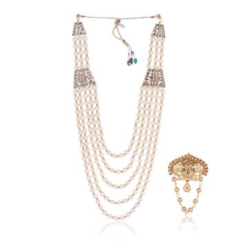   groom sherwani necklace moti mala layered for wedding | groom mala with brooch set 2