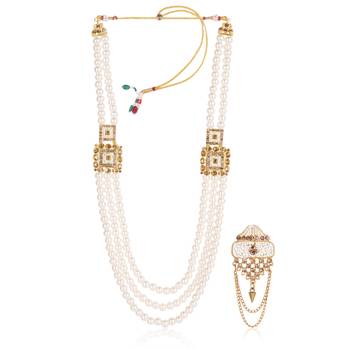   groom sherwani necklace moti mala layered for wedding | groom mala with brooch set 2