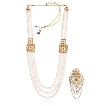   groom sherwani necklace moti mala layered for wedding | groom mala with brooch set 2
