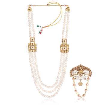  groom sherwani necklace moti mala layered for wedding | groom mala with brooch set 2