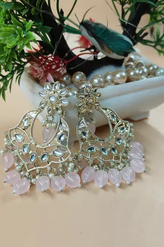   Gold Plated Traditional Kundan Pearl Chandbali Earrings For Wo  And Girls