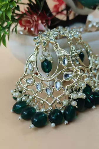   Gold Plated Traditional Kundan Pearl Chandbali Earrings For Wo  And Girls
