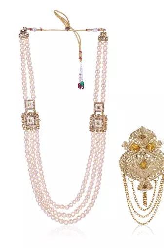   groom sherwani necklace moti mala layered for wedding | groom mala with brooch set