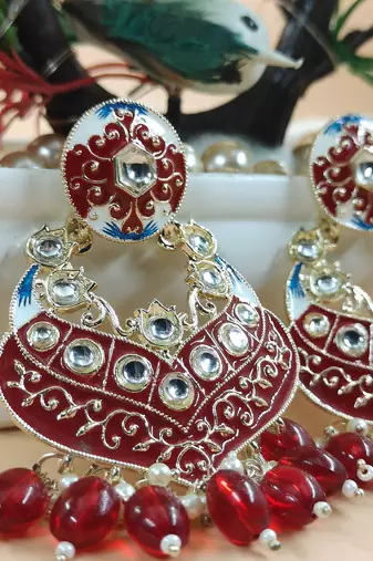   Gold Plated Traditional Kundan Pearl Chandbali Earrings For Wo  And Girls