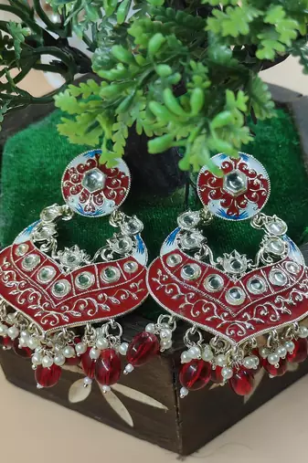   Gold Plated Traditional Kundan Pearl Chandbali Earrings For Wo  And Girls