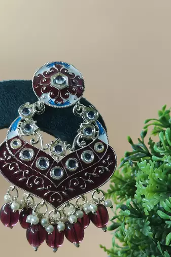   Gold Plated Traditional Handcrafted Pearl Kundan Beaded Chandbali Earrings for Wo 
