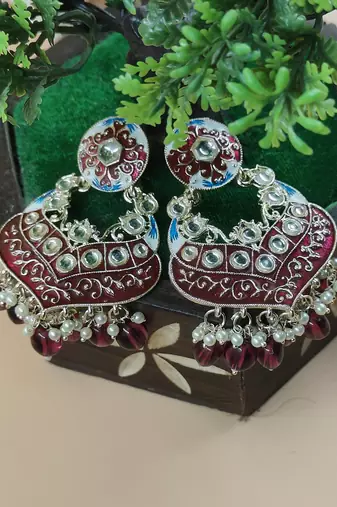   Gold Plated Traditional Handcrafted Pearl Kundan Beaded Chandbali Earrings for Wo 