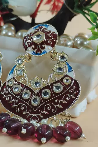   Gold Plated Traditional Handcrafted Pearl Kundan Beaded Chandbali Earrings for Wo 