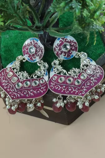   Gold Plated Traditional Handcrafted Pearl Kundan Beaded Chandbali Earrings for Wo 