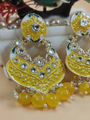   Gold Plated Traditional Handcrafted Pearl Kundan Beaded Chandbali Earrings for Wo  4