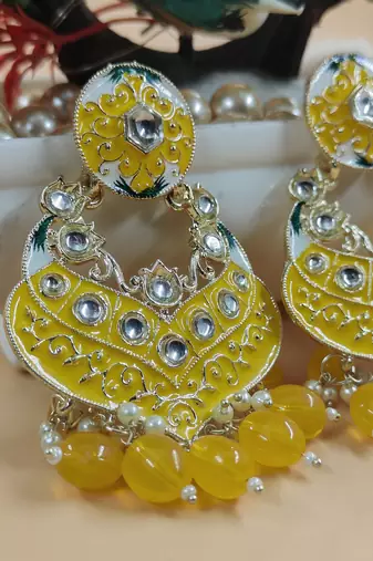   Gold Plated Traditional Handcrafted Pearl Kundan Beaded Chandbali Earrings for Wo 