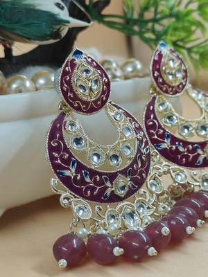   Gold Plated Traditional Handcrafted Pearl Kundan Beaded Chandbali Earrings for Wo  2