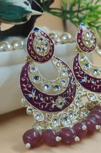   Gold Plated Traditional Handcrafted Pearl Kundan Beaded Chandbali Earrings for Wo 
