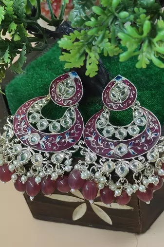   Gold Plated Traditional Handcrafted Pearl Kundan Beaded Chandbali Earrings for Wo 