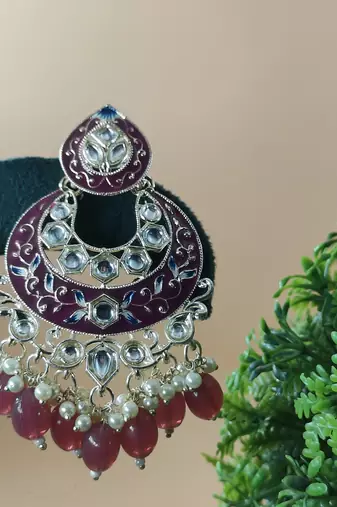   Gold Plated Traditional Handcrafted Pearl Kundan Beaded Chandbali Earrings for Wo 