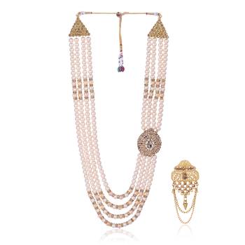   groom sherwani necklace moti mala layered for wedding | groom mala with brooch set 2