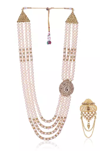   groom sherwani necklace moti mala layered for wedding | groom mala with brooch set