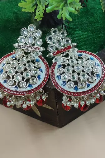   red Beads, and Kundan Ethnic Earrings for Wo  - Lightweight Earrings
