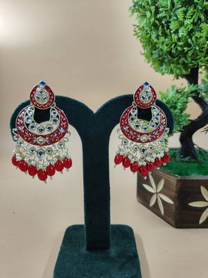   Gold Plated Traditional Handcrafted Pearl Kundan Beaded Chandbali Earrings for Wo  1