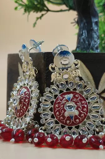   red Beads, and Kundan Ethnic Earrings for Wo  - Lightweight Earrings