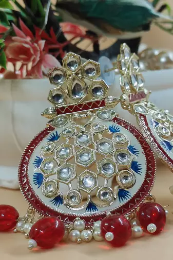   red Beads, and Kundan Ethnic Earrings for Wo  - Lightweight Earrings