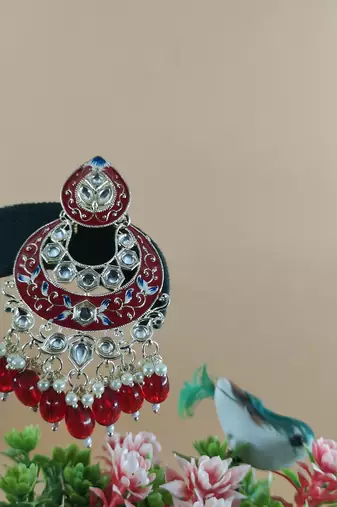   Gold Plated Traditional Handcrafted Pearl Kundan Beaded Chandbali Earrings for Wo 