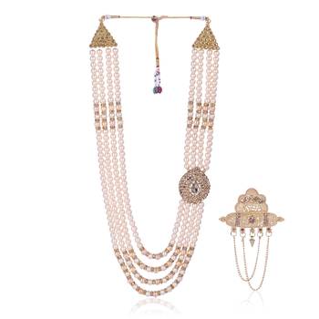   groom sherwani necklace moti mala layered for wedding | groom mala with brooch set 2