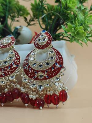   Gold Plated Traditional Handcrafted Pearl Kundan Beaded Chandbali Earrings for Wo  3