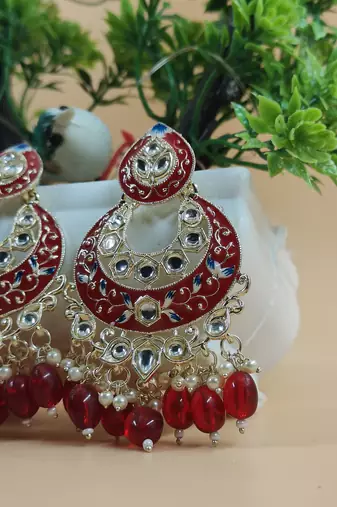   Gold Plated Traditional Handcrafted Pearl Kundan Beaded Chandbali Earrings for Wo 